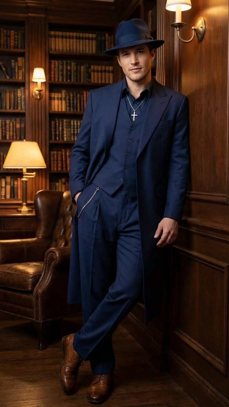 Mens Navy Blue 1920s Zoot Suit – Long Mafia Gangster Three-Piece Vintage Costume Set Suit Pachuco Style