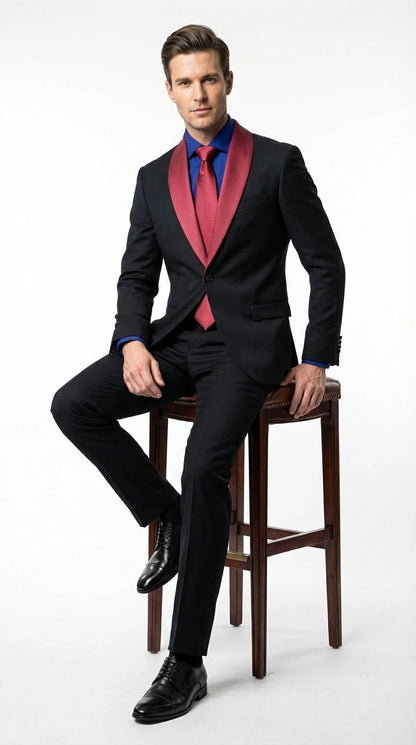 Men’s Black Suit with Burgundy Shawl Lapel –  Formal Tuxedo Suit for Wedding, Prom and Evening Events + Bowtie & Tie