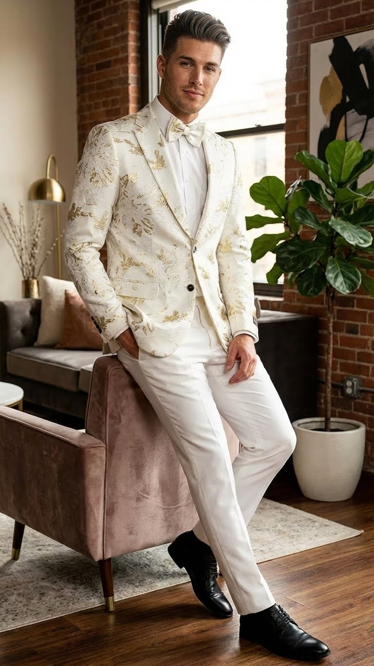 Men’s White and Gold Patterned Blazer – Paisley Floral Pattern Prom Wedding Suit Tuxedo Dinner Jacket + Bowtie