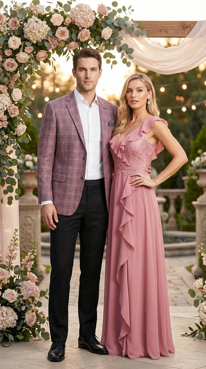 Mens Dusty Rose Mauve Pink with Tint of Blue Plaid Sport Coat Blazer – Classic Check Pattern Casual Blazer Jacket for Business Casual, Wedding