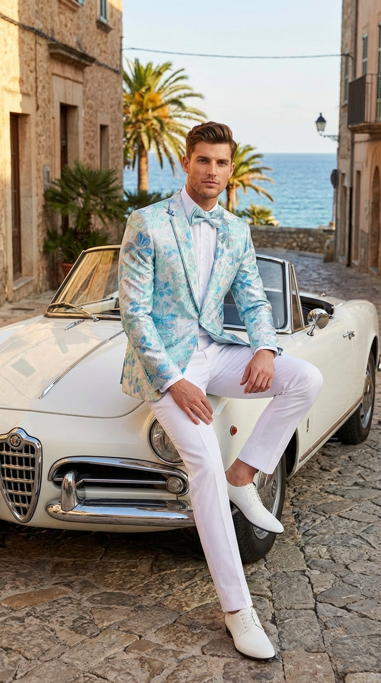 Men’s Light Blue Floral Jacquard Tuxedo Jacket with Matching Bow Tie | Formal Prom Wedding Blazer + Bowtie Turqoise Aqua Color
