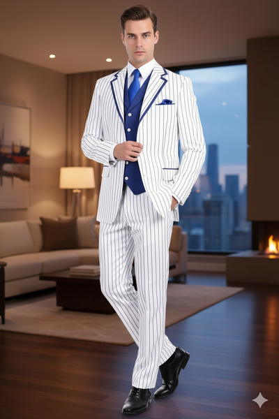 Men’s White and Royal Blue Pinstripe 3-Piece Suit – Classic Fit Blazer with Vest, Pants, and Tie 1   - from alligatorwarehouse.com