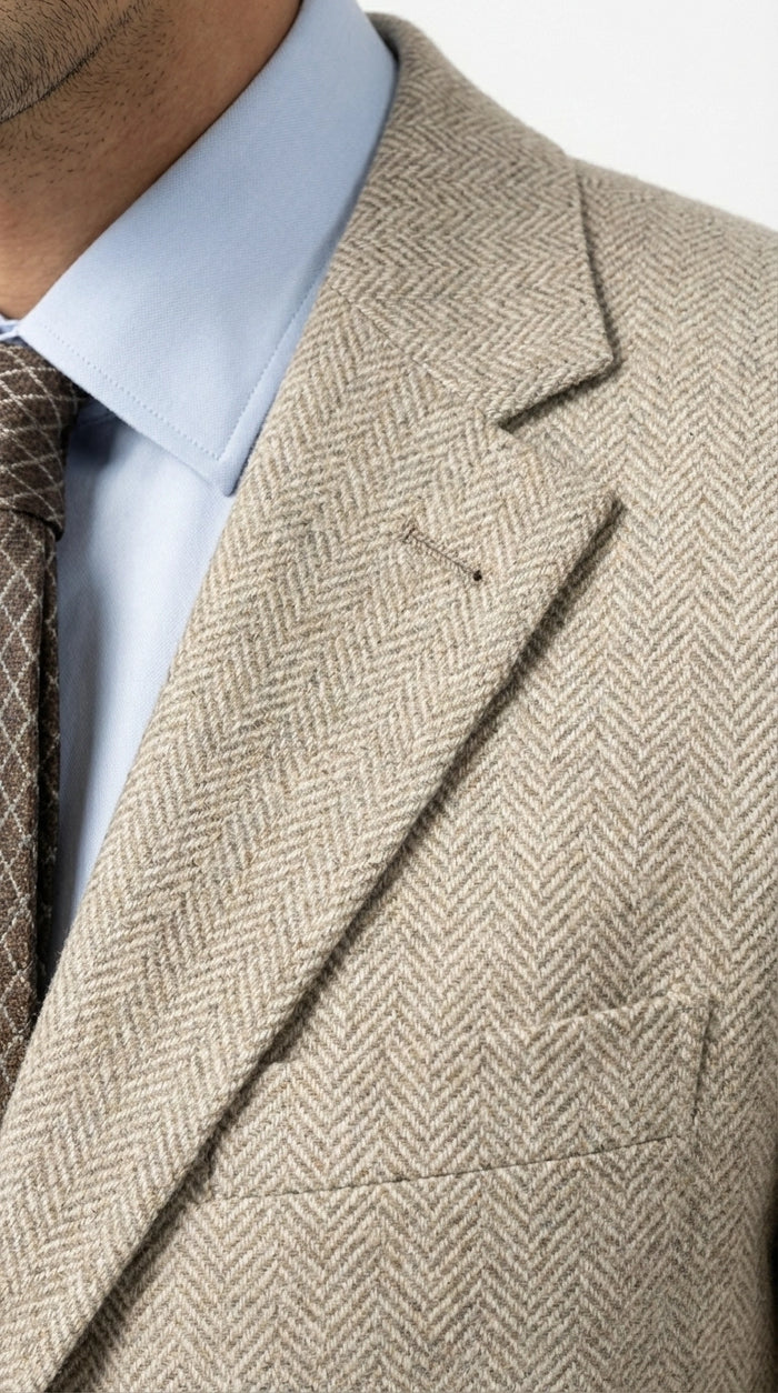 Men’s Light Tan Tweed Suit – Classic Beige Two Piece Suit, Herringbone Formal Wear, Vintage Style Business & Wedding Outfit for Men