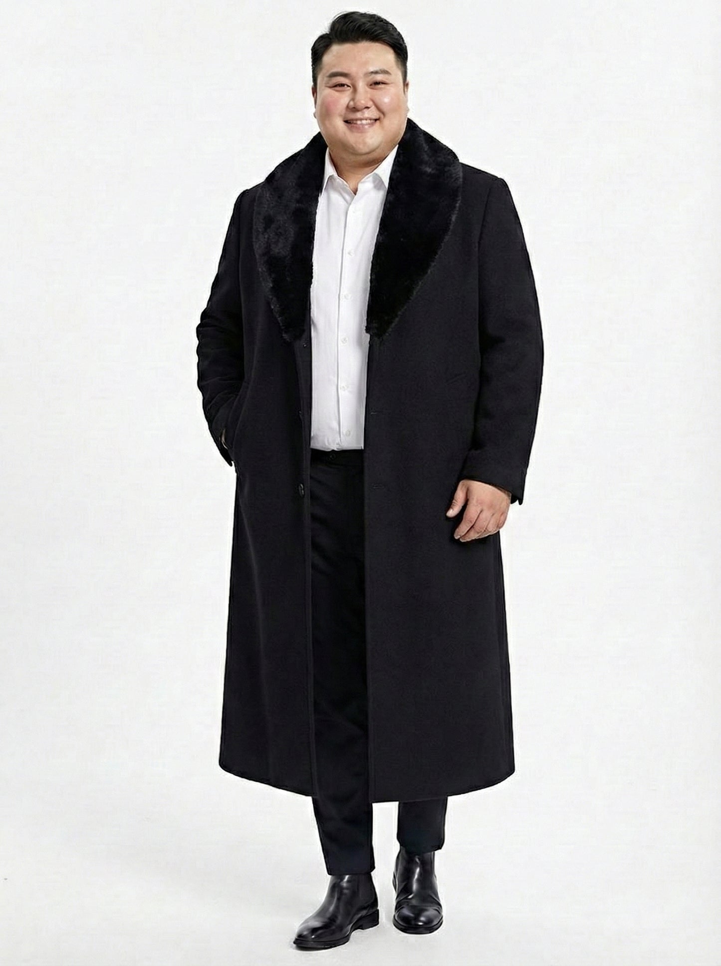 Men’s Black Long Overcoat with Faux Fur Collar, Full Length Winter Topcoat for Formal and Business Wear