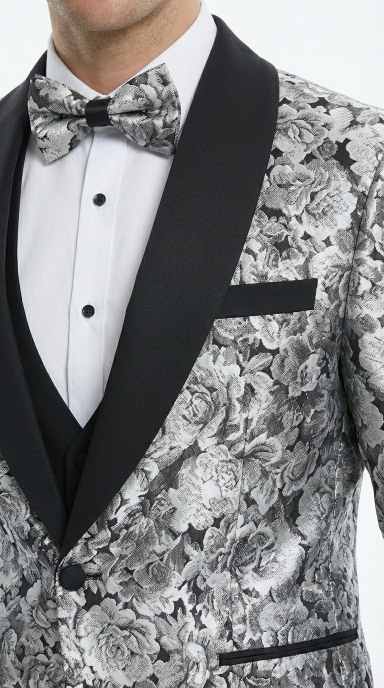Mens Black and Silver Floral Tuxedo – Luxury Patterned Wedding, Prom and Formal Dinner Tuxedo