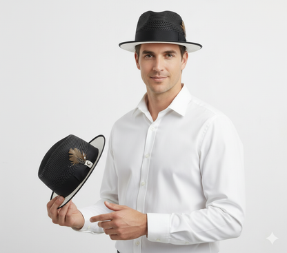 Men’s Two-Tone Black and White Fedora Hat with Feather Accent – Stylish Summer Dress Hat