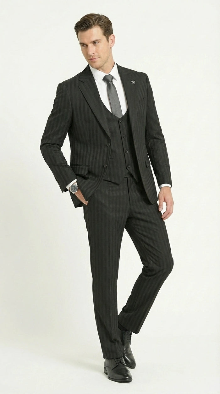 Men’s Black Pinstripe 3 Piece Suit – Vested Formal Business Suit for Wedding, Office, Prom and Party Wear