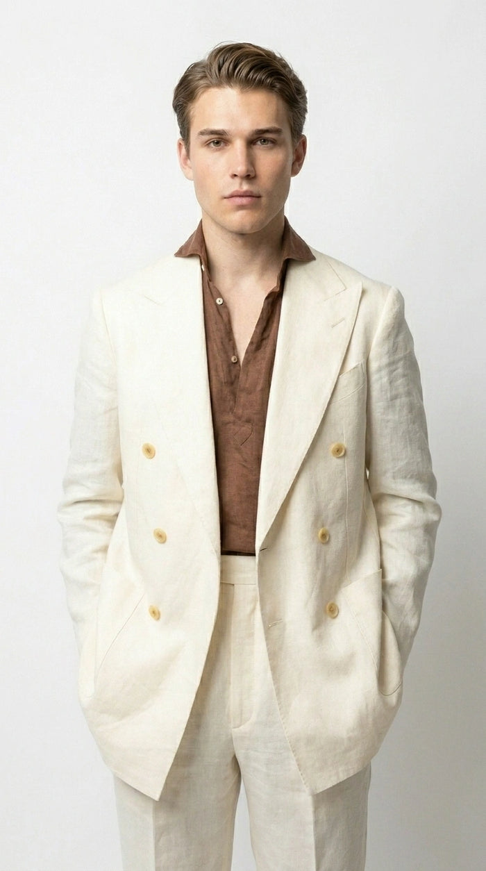 Men’s Off White 70s Style Double Breasted Suit – Vintage Retro Wide Lapel Classic Outfit for Party, Wedding and Casual Fashion Wear