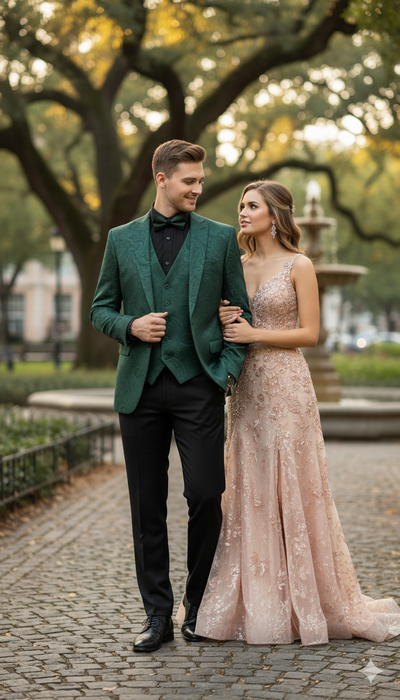 Men’s Emerald Green Paisley Tuxedo 3-Piece Suit – Slim Fit Formal Blazer, Vest, and Pants for Weddings, Proms 4   - from alligatorwarehouse.com