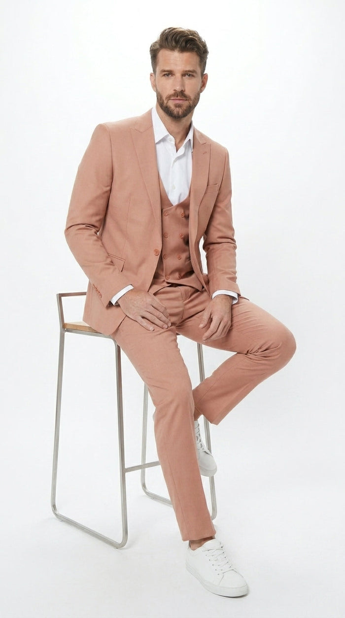 Men’s Peach Light Brown 3 Piece Suit – Wedding & Prom Formal Suit Set, Blazer Pants Double breasted vest