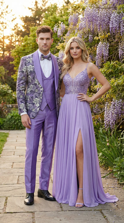 Men’s Purple Floral Prom Suit with Shawl Lapel – Luxury Formal Tuxedo Outfit for Prom, Wedding and Special Events