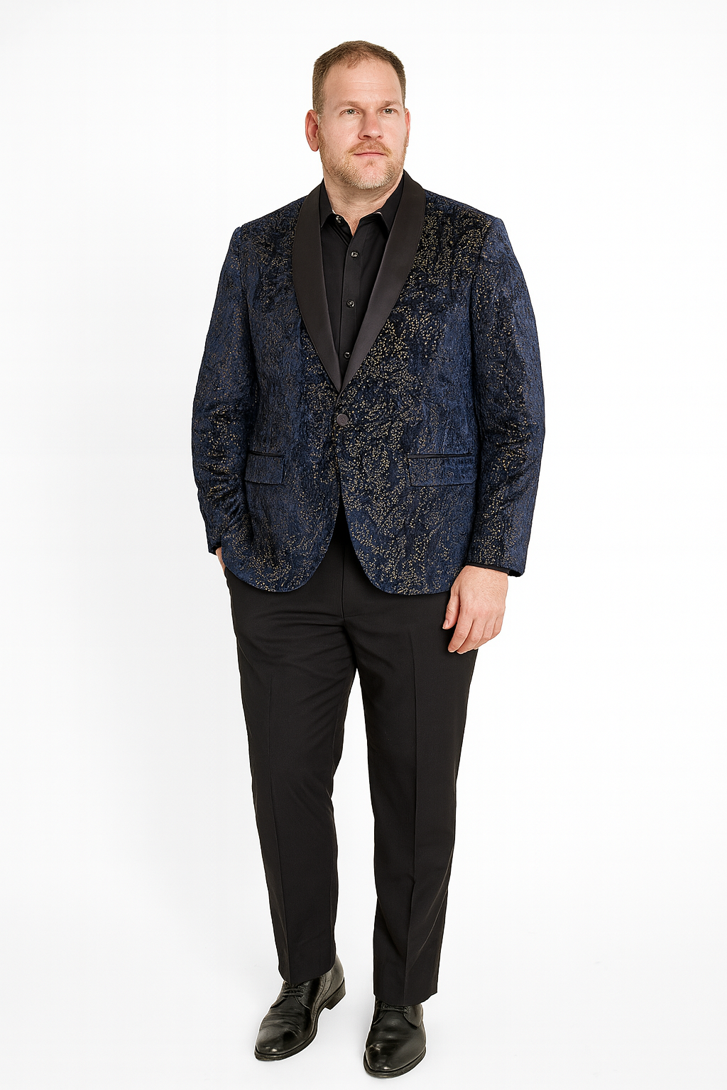 Men’s Navy Blue Sequin Tuxedo Jacket with Black Satin Shawl Lapel – Luxury Prom and Wedding Blazer