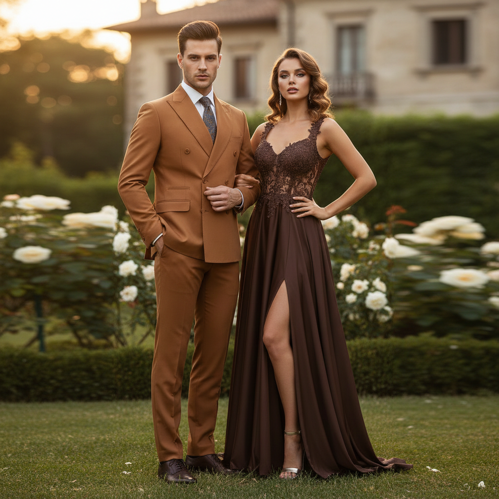 Men’s Vitali Brand Rustish Orange Brown Copper Color Double Breasted Slim Fit Suit