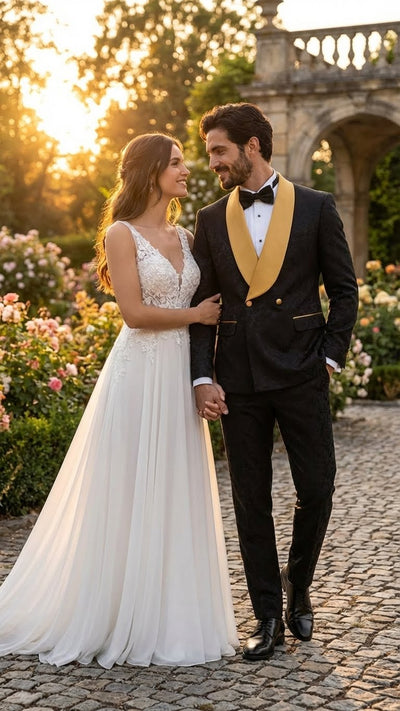 Men’s Black and Gold Jacquard Tuxedo Suit – Luxury Slim Fit Formal Wedding, Prom, and Gala Outfit 6   - from alligatorwarehouse.com