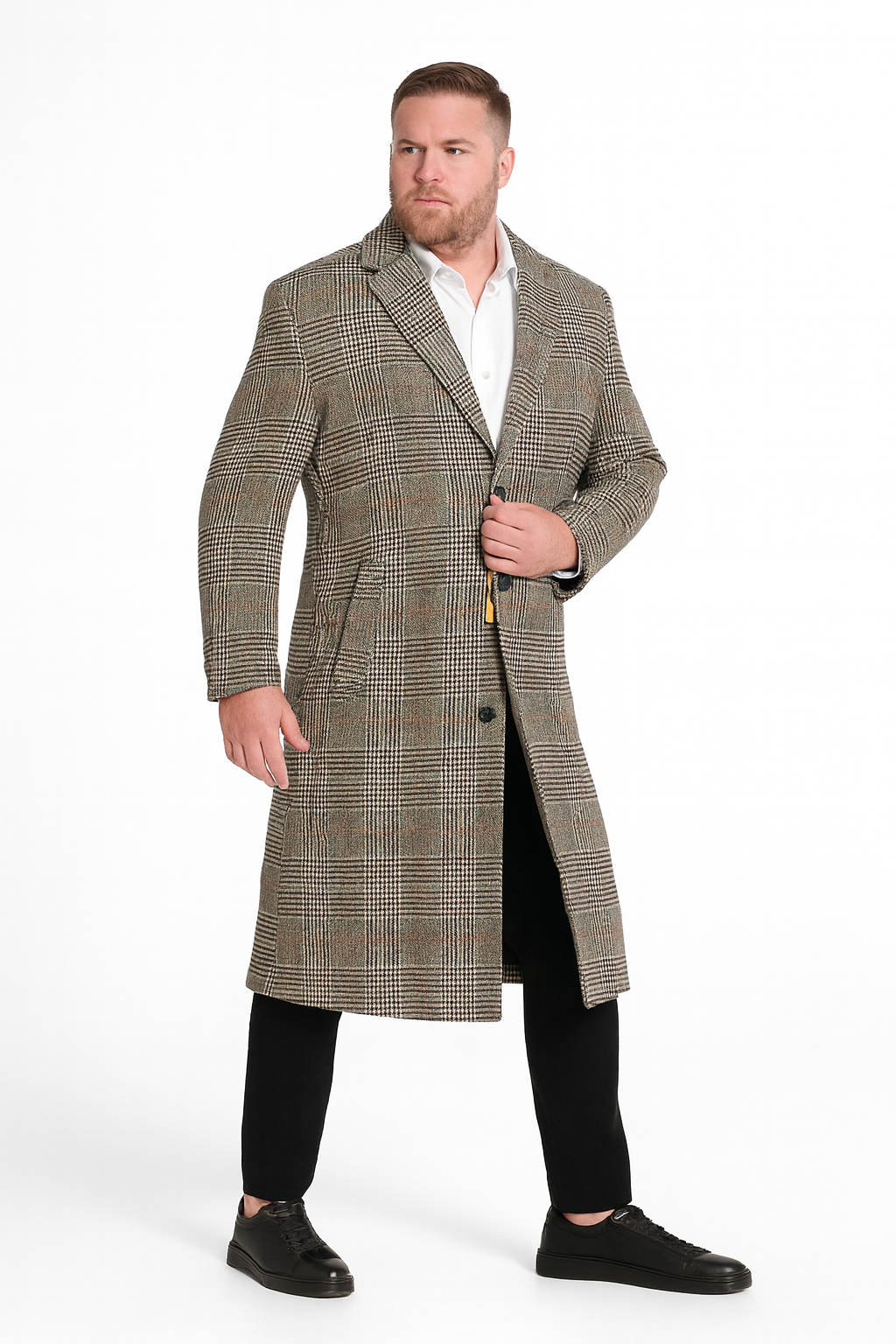 Men’s Full length  Long Plaid Overcoat – Classic Checkered Wool Blend Winter Coat in Gray Color Checkered