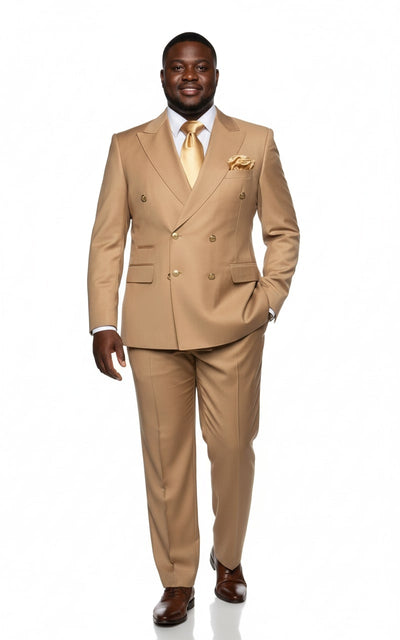 Mens Camel - Bronze - Goldish khaki Double-Breasted Suit – Luxury 2-Piece Formal Set with Gold Buttons and Peak Lapels by Rossi Man 6   - from alligatorwarehouse.com