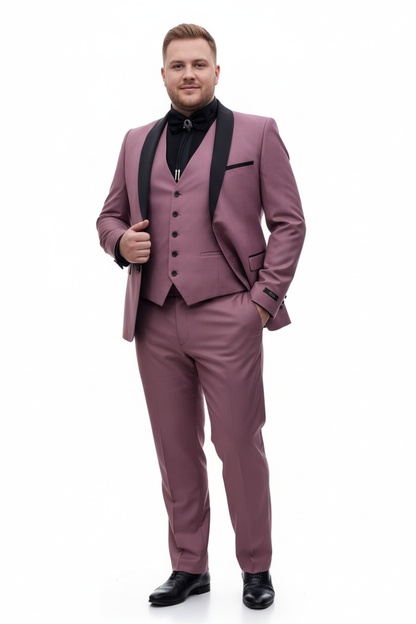 Men's Rose Pink Tuxedo Suit – Luxury Three-Piece Formal Wear with Black Satin Lapel Dusty Mauve Color