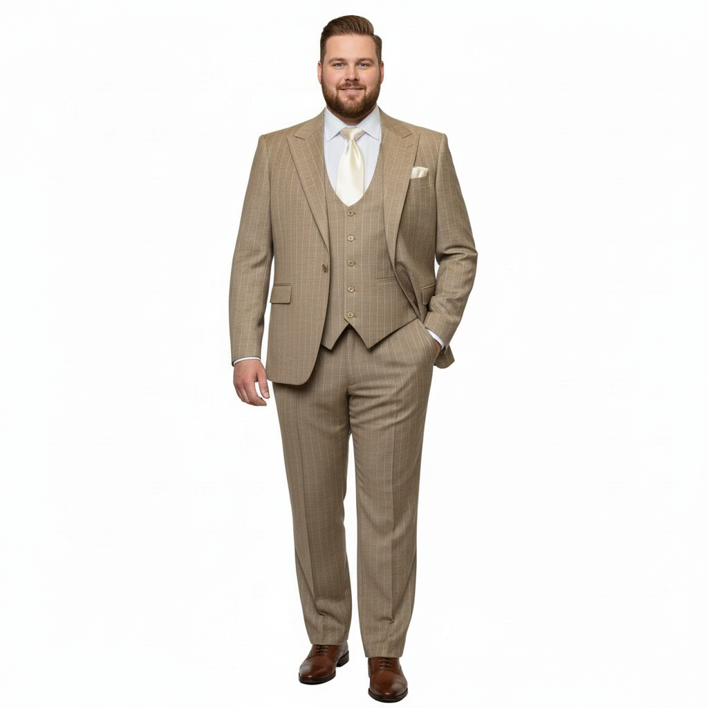 Men’s Beige Pinstripe Three-Piece Suit – Classic Fit Formal Suit with Vest and Flat-Front Pants in Tan Stripe By Rossiman