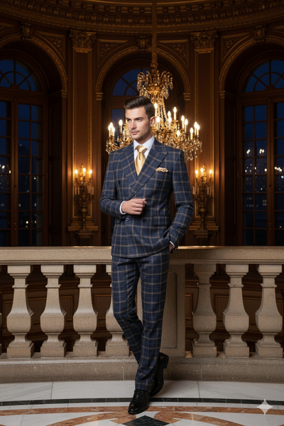 Men’s Navy and Tan Windowpane Double-Breasted Suit | Classic 2-Piece Plaid Dress Suit, Business, and Formal Events By Rossiman 3   - from alligatorwarehouse.com