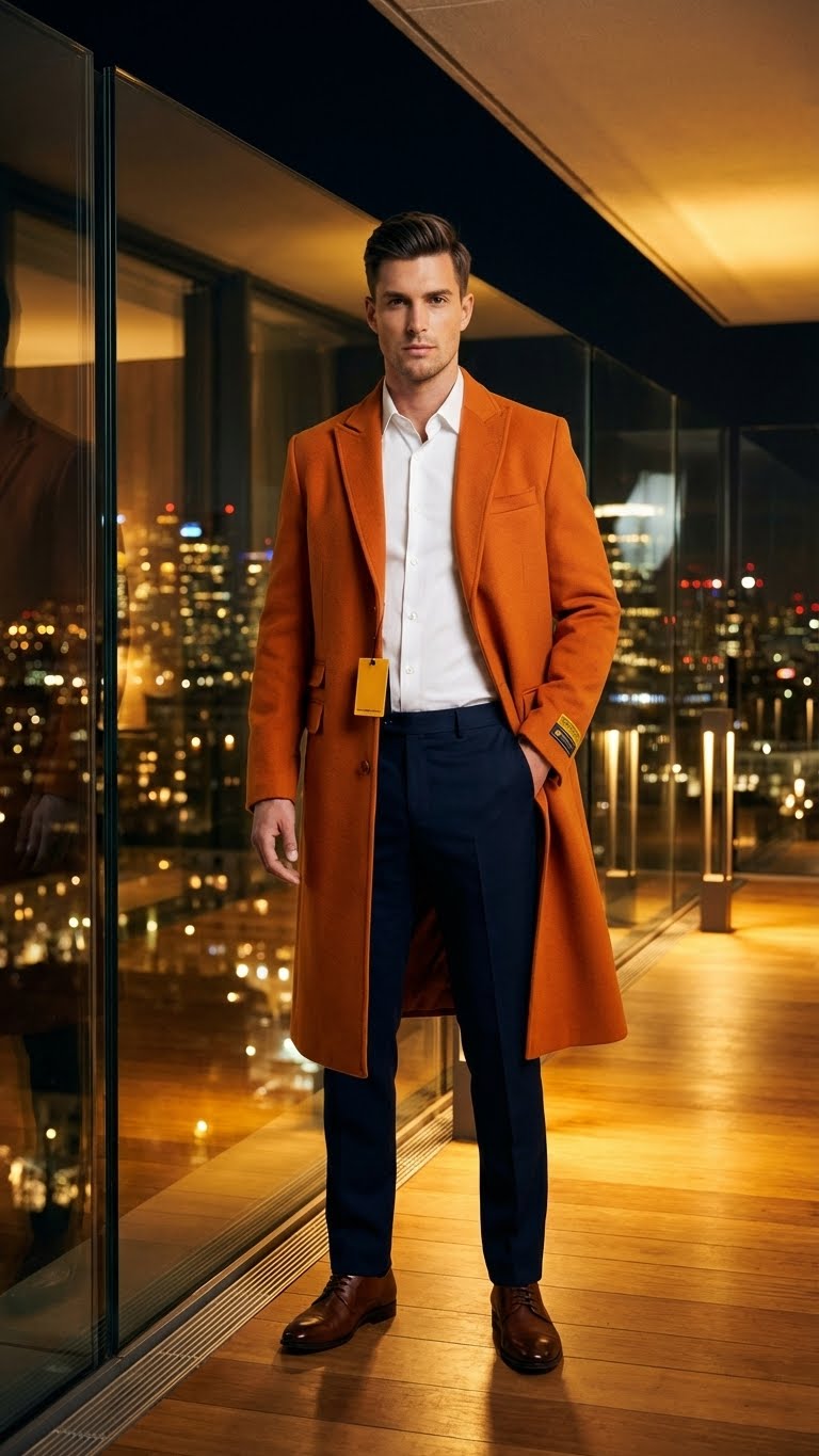 Men’s Orange - Rust Wool Blend Long Overcoat – Topcoat Carcoat Topcoat
