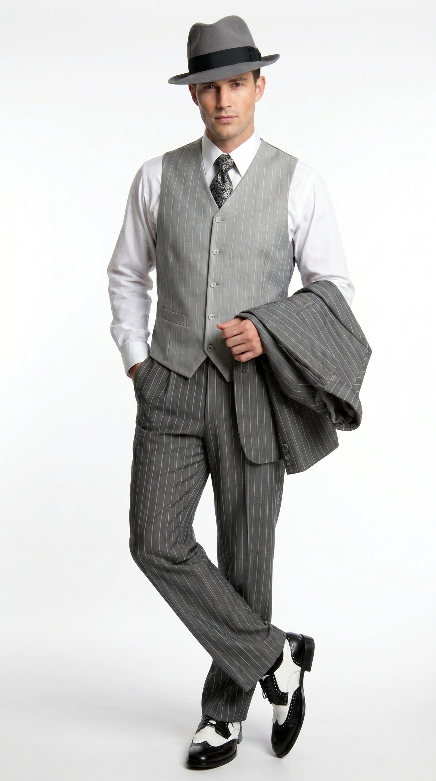 Men’s Grey Pinstripe 1920s Gangster 3 Piece Suit, Contrast Lapel Vintage Formal Suit for Parties, Prom, Weddings, and Theme Events