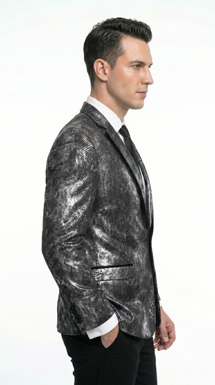 Men’s Black and Charcoal Gray Snakeskin Print Blazer, Animial Exotic Skin Alligator Crocodile Texture