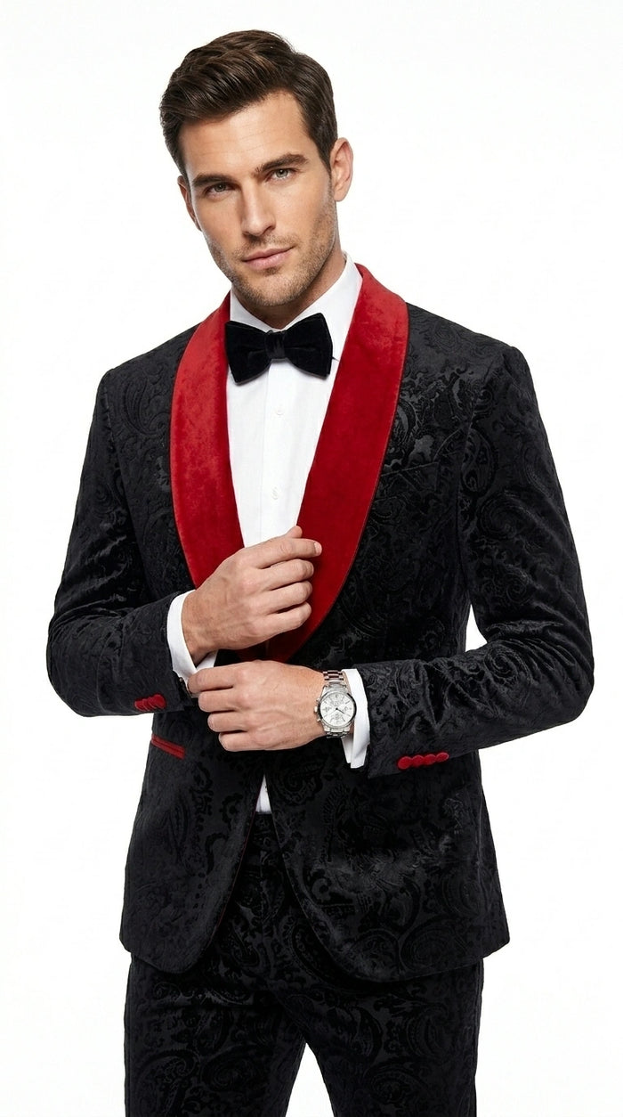 Men’s Black Paisley 2 Piece Suit with Red Shawl Lapel, Formal Wedding Prom Party Suit Set