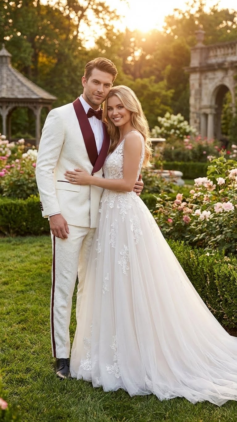 Men’s Ivory and Burgundy Jacquard Tuxedo Suit – Luxury Slim Fit 3-Piece Formal Wedding, Prom, and Gala Outfit in Cream Off White Color