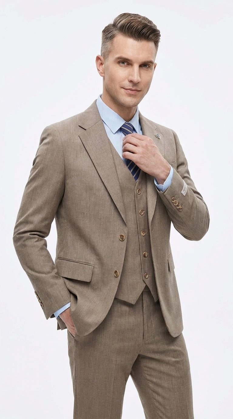 Men’s Taupe Olivish Tan 3-Piece Suit – Elegant Tan Wedding, Business & Formal Suit with Vest
