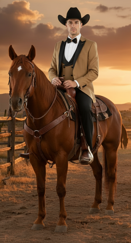 Men’s Western Cowboy Tuxedo – Tan and Black 3-Piece Suit with Satin Lapel and Vest in Mocca Coffee Color