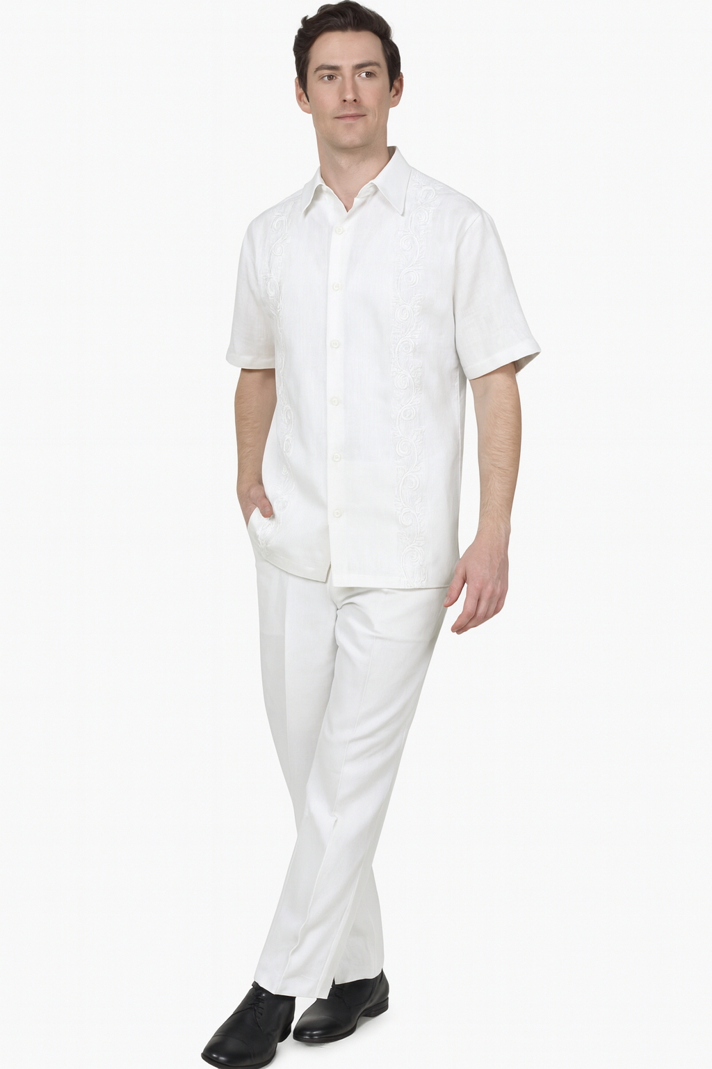Men’s Linen White Embroidered Guayabera Two-Piece Set – Short Sleeve Shirt and Pants - Summer Walking Suit