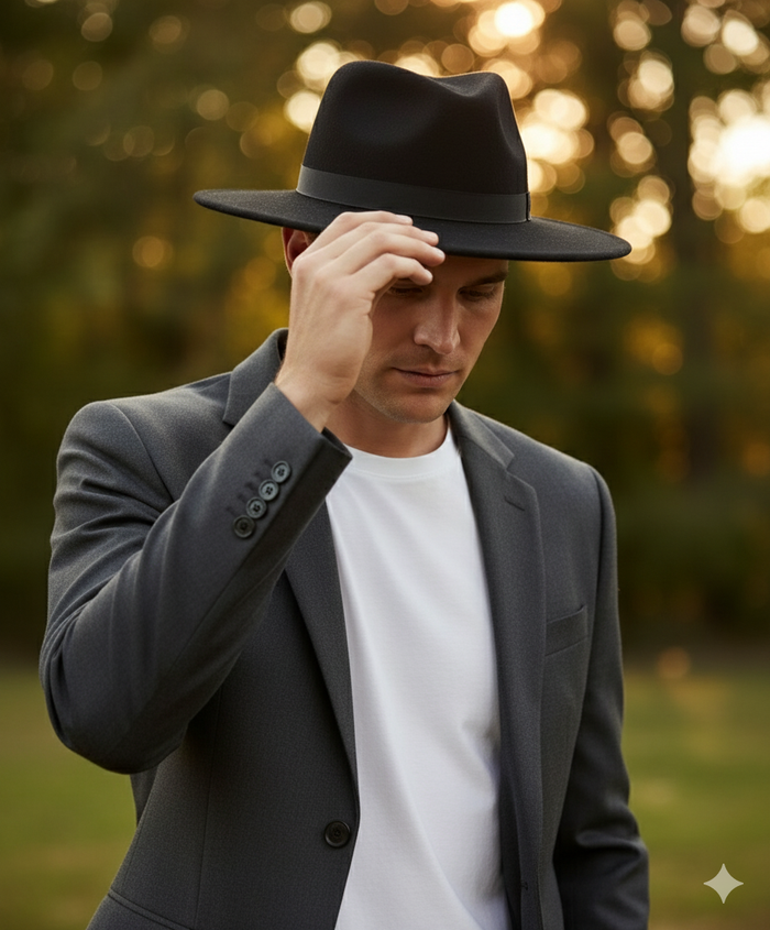 Men’s Black Wide Brim Fedora Hat – Classic Wool Felt Dress Hat with Matching Black Band