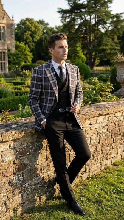 Men’s Big and Tall Charcoal Gray and Black Plaid Blazer – Grey Checker Windowpane Sport Coat