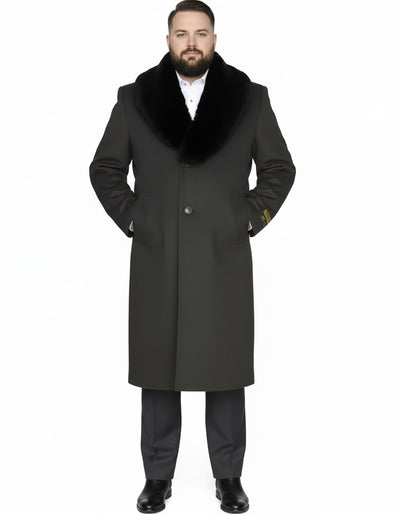 Mens Full Length Olive Overcoat with Black Fur Collar – Luxury Wool Fabric Winter Long Coat in Hunter Green 6   - from alligatorwarehouse.com