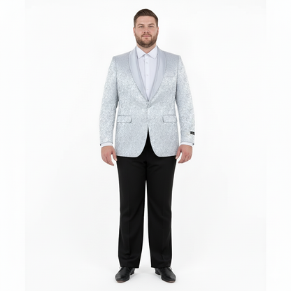 Big and Tall Men’s Silver Gray Paisley Tuxedo Jacket – Satin Shawl Lapel Blazer for Weddings, Proms, and Formal Events