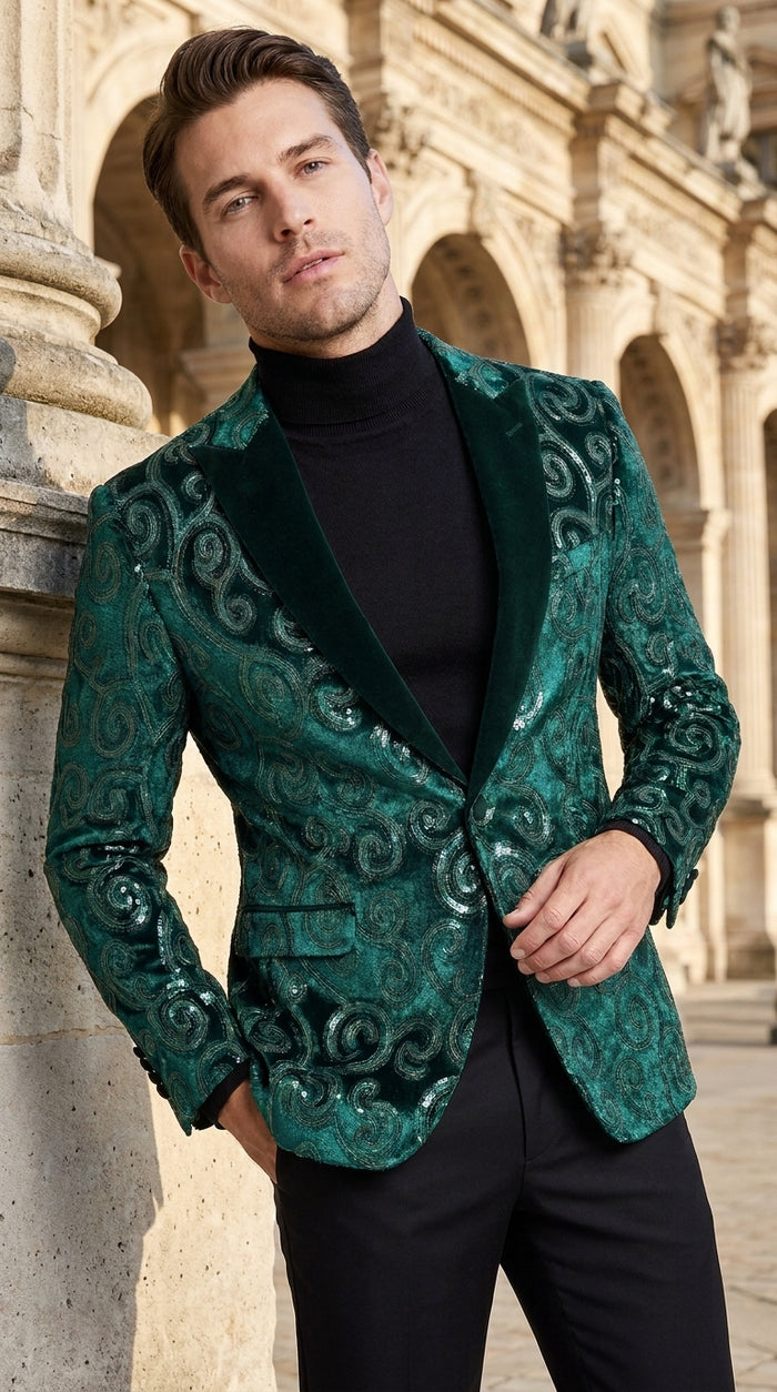 Men’s Emerald Green Paisley Dinner Jacket – Luxury Shawl Lapel Formal Blazer for Prom, Wedding & Tuxedo Events