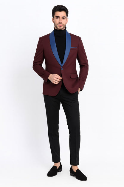 Mens Burgundy Tuxedo Dinner Jacket Blazer with Blue Satin Shawl Lapel  Wedding and Party Jacket