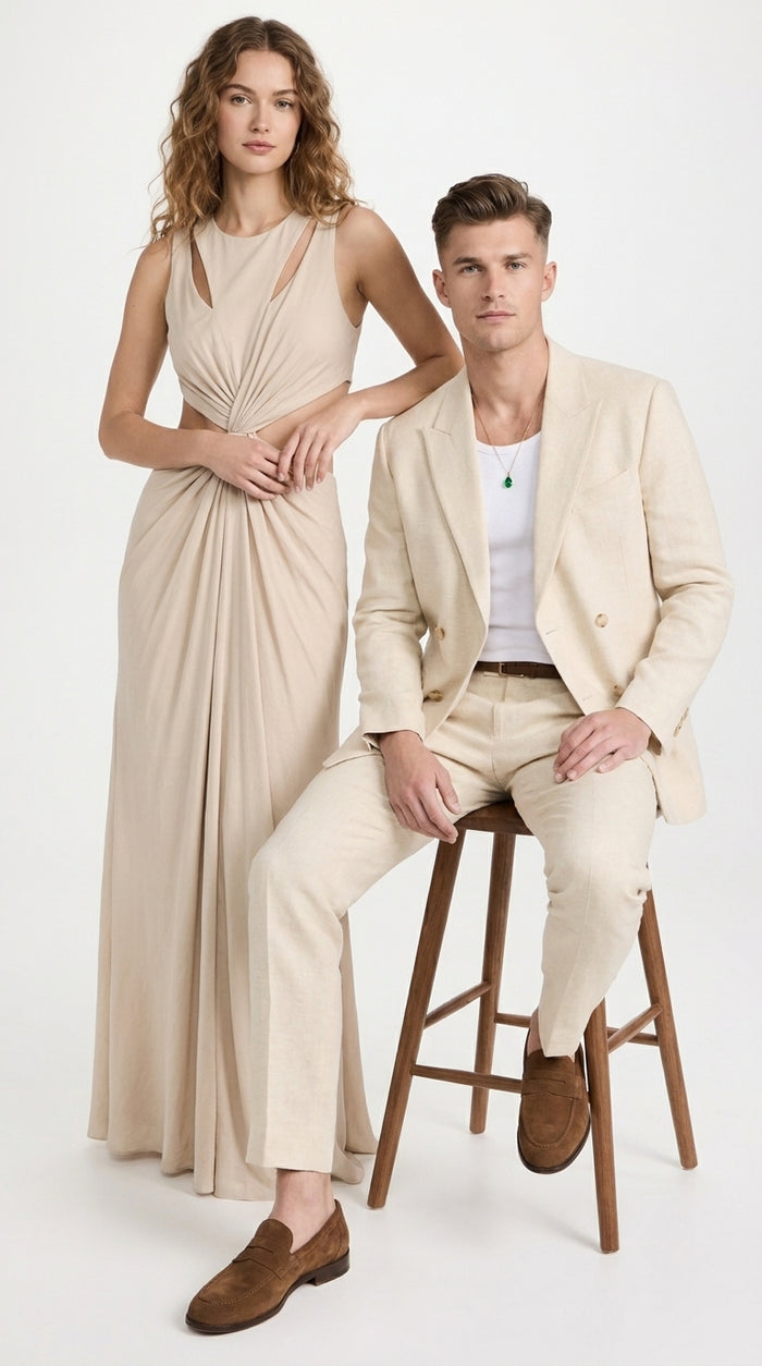 Men’s Light Beige Linen Double-Breasted Suit – Summer Wedding, Beach and Formal 2-Piece Suit