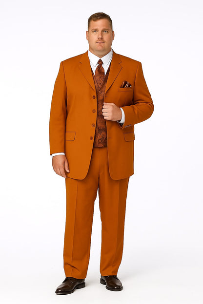 Mens Rust 3-Piece Fashion Suit – Notch Lapel with Paisley Vest, Tie and Pocket Square - Zoot Suit