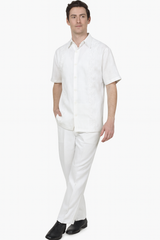 Men’s White Embroidered Guayabera Two-Piece Set – Short Sleeve Shirt and Pants
