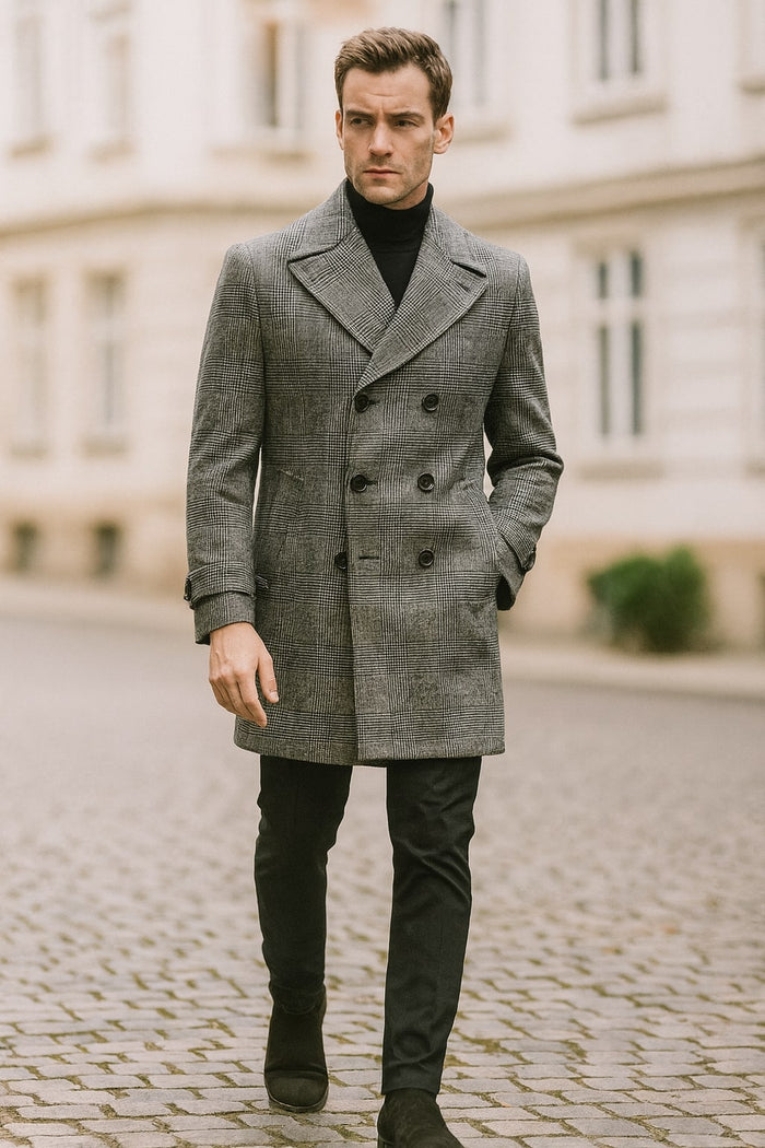 Mens Grey Plaid Double-Breasted Overcoat with Black Faux Fur Collar – Classic Winter Peacoat