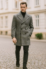 Mens Grey Plaid Double-Breasted Overcoat with Black Faux Fur Collar – Classic Winter Peacoat