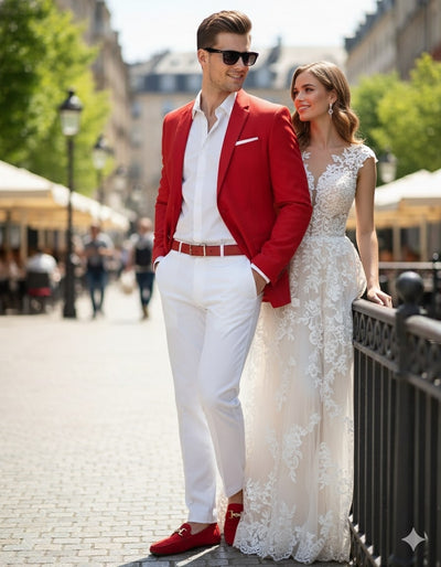 Mens Red Blazer and White Pants Set – Stylish Casual Dress Outfit For New Year Holiday and Christmas Suit 6   - from alligatorwarehouse.com