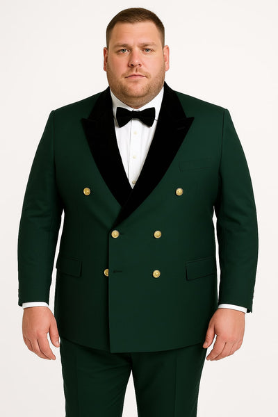 Men's Green Double-Breasted Wedding Tuxedo with Black Velvet Lapel and Gold Buttons 5   - from alligatorwarehouse.com