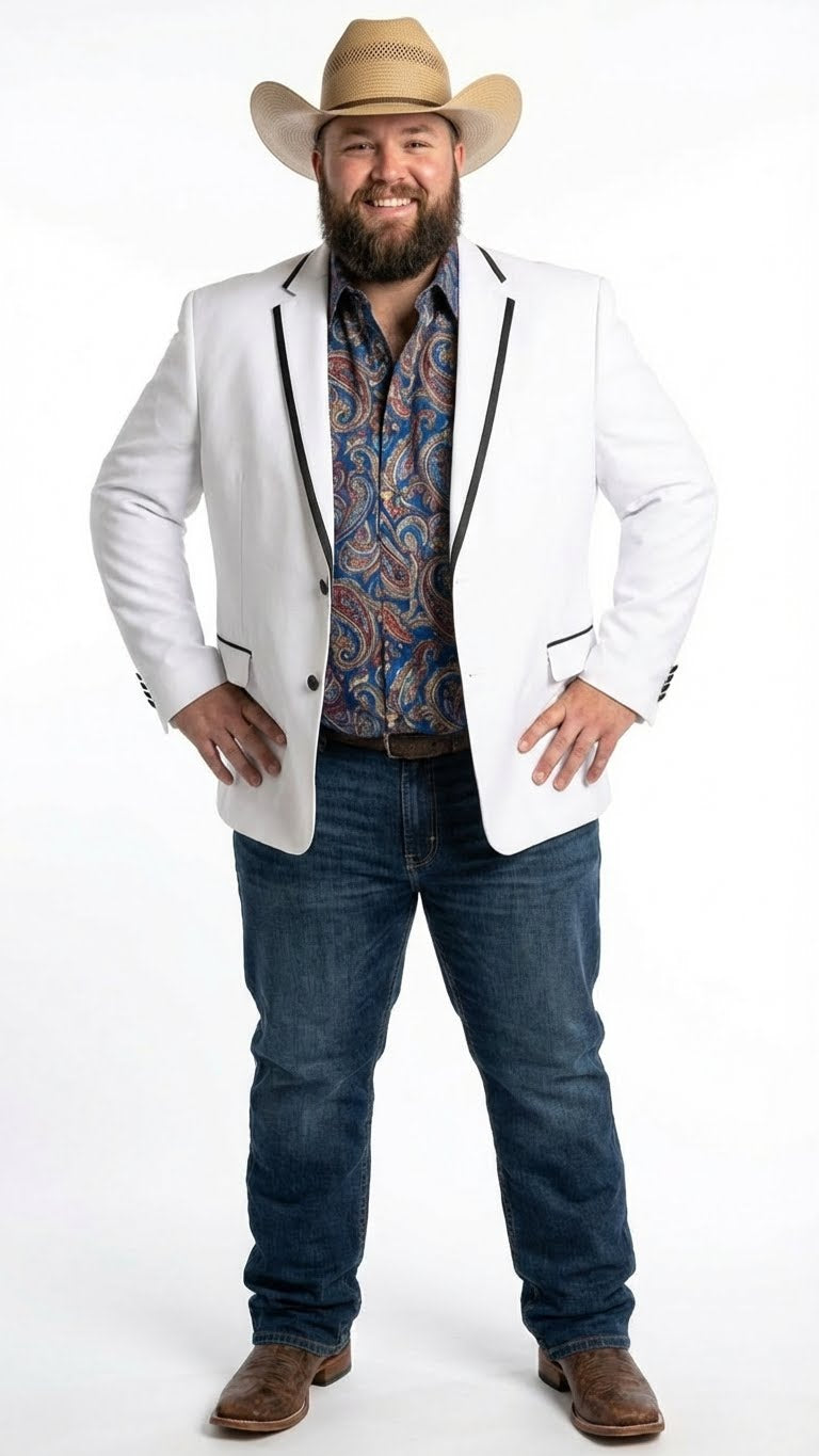 Men’s White Western Blazer with Black Trim – Classic Cowboy Style