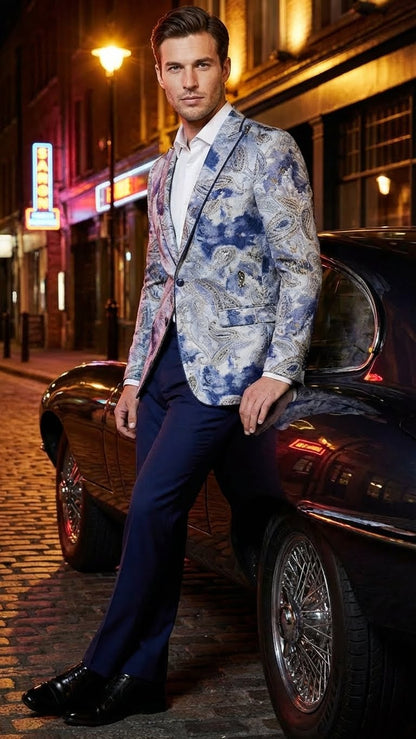 Men’s Navy Blue and Gray Paisley Print Blazer – Prom Jacket for Formal, Party, and Evening Wear