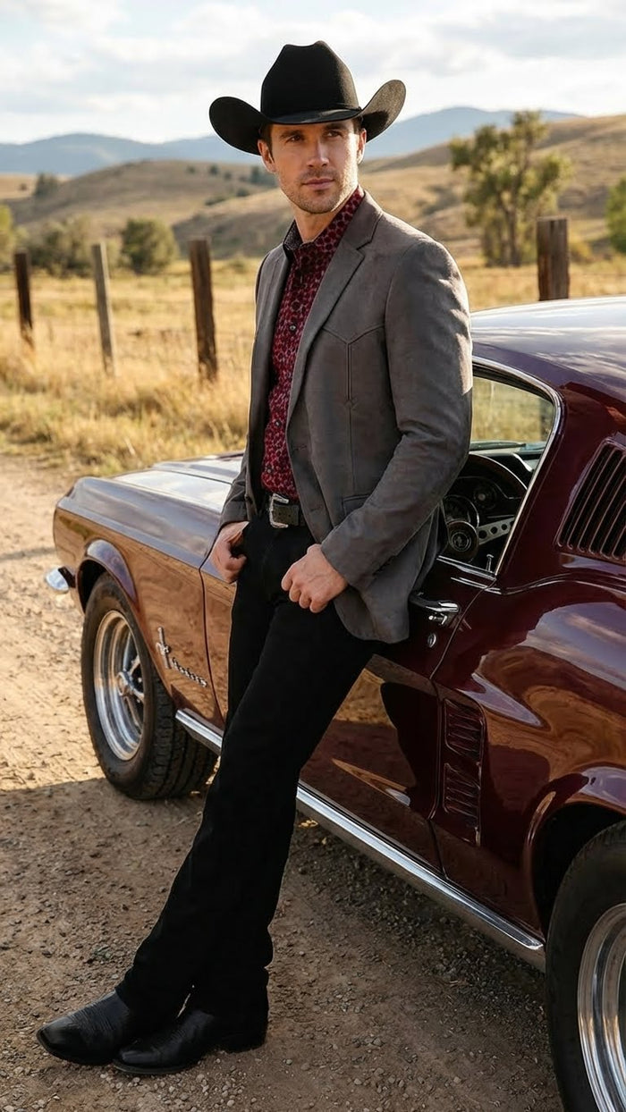 Men’s Charcoal Gray Western Faux Suede Blazer – Double Button Cowboy Jacket for Wedding & Party Wear