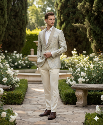 Men’s Champaign Silver and Cream Embroidered Luxury Blazer – Floral Pattern Wedding & Party Dinner Jacket in Light Tan Color 6   - from alligatorwarehouse.com