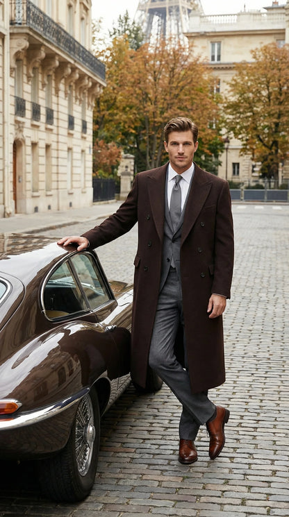 Men’s Brown Long Overcoat – Double Breasted Classic Formal Winter Coat for Business, Topcoat and Cold Weather Wear