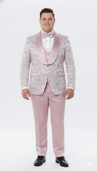 Men’s Light Pink Dusty Rose -  Floral Tuxedo Suit – Luxury Satin Shawl Lapel 3-Piece Formal Wedding and Prom Suit in Blush Mauve color